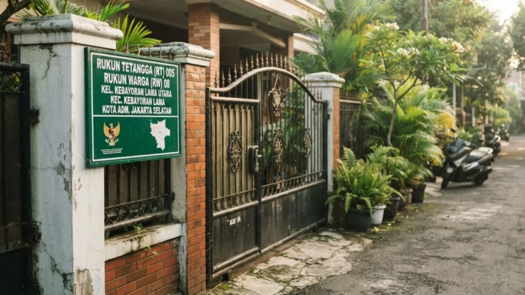 rw singkatan dari rukun warga — papan nama RT RW di gerbang perumahan