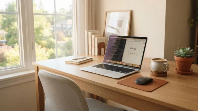 wfh singkatan dari work from home — meja kerja minimalis di rumah dengan laptop