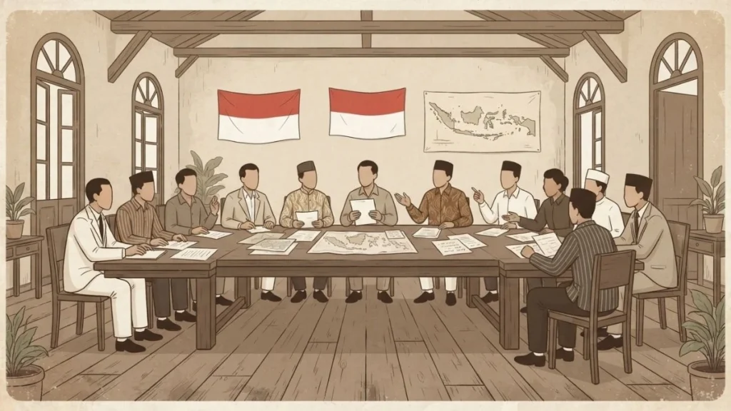 Ilustrasi sidang BPUPKI 1945, badan yang merumuskan dasar negara dan persiapan kemerdekaan Indonesia