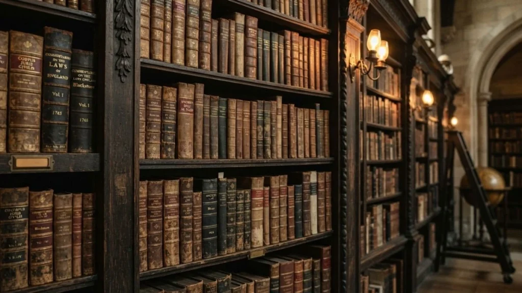 Buku-buku sejarah hukum tersusun di rak perpustakaan klasik