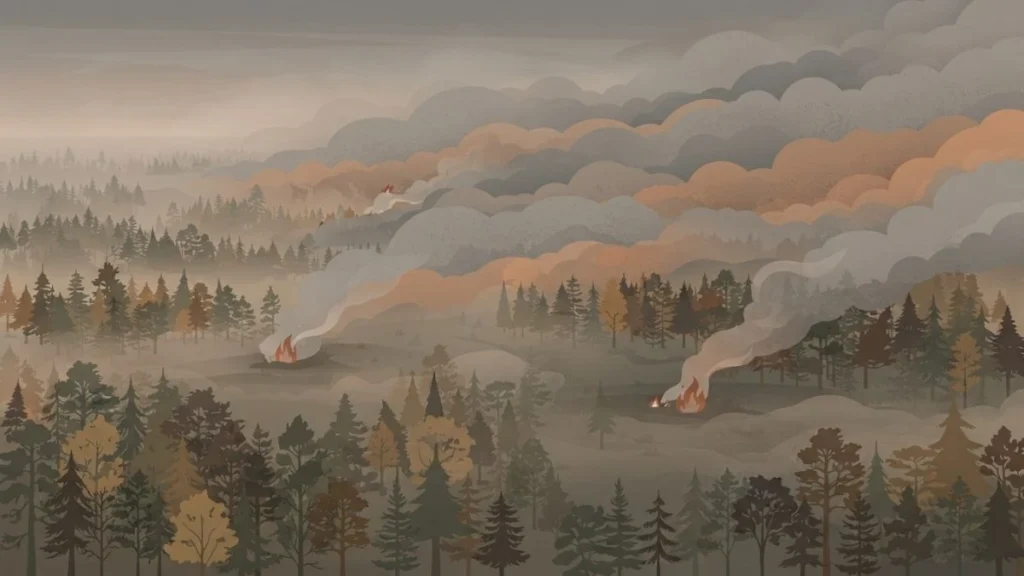 Ilustrasi kabut asap kebakaran hutan dan lahan (karhutla) menyelimuti kawasan hutan di Indonesia