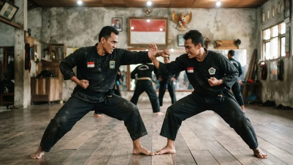 Dua pesilat berlatih pencak silat di sasana