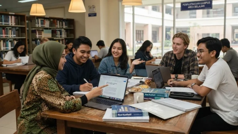 Sekelompok mahasiswa berdiskusi mengerjakan proposal PKM