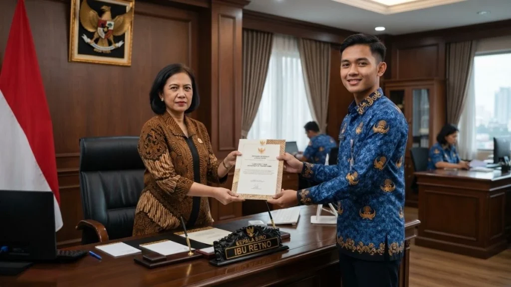 Pegawai baru menerima surat pernyataan melaksanakan tugas dari atasan