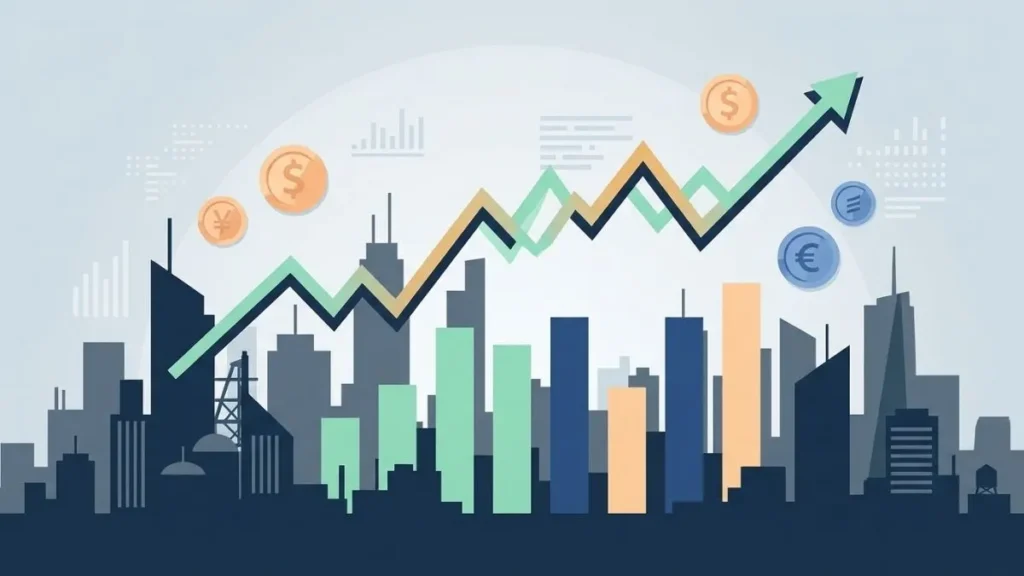 Ilustrasi grafik indeks saham naik turun di atas siluet kota