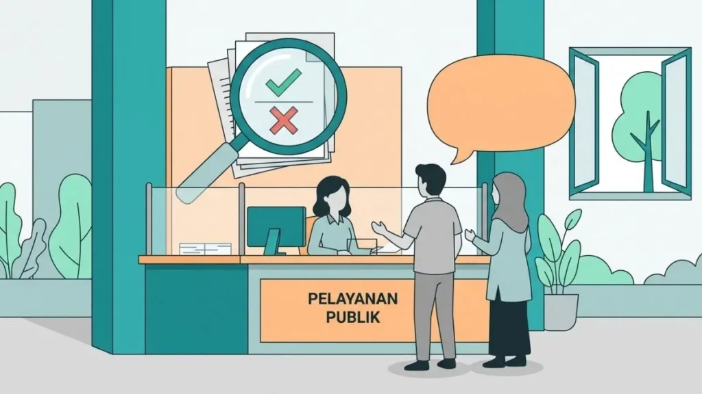 Ilustrasi loket pelayanan publik dengan kaca pembesar di atas dokumen pengaduan