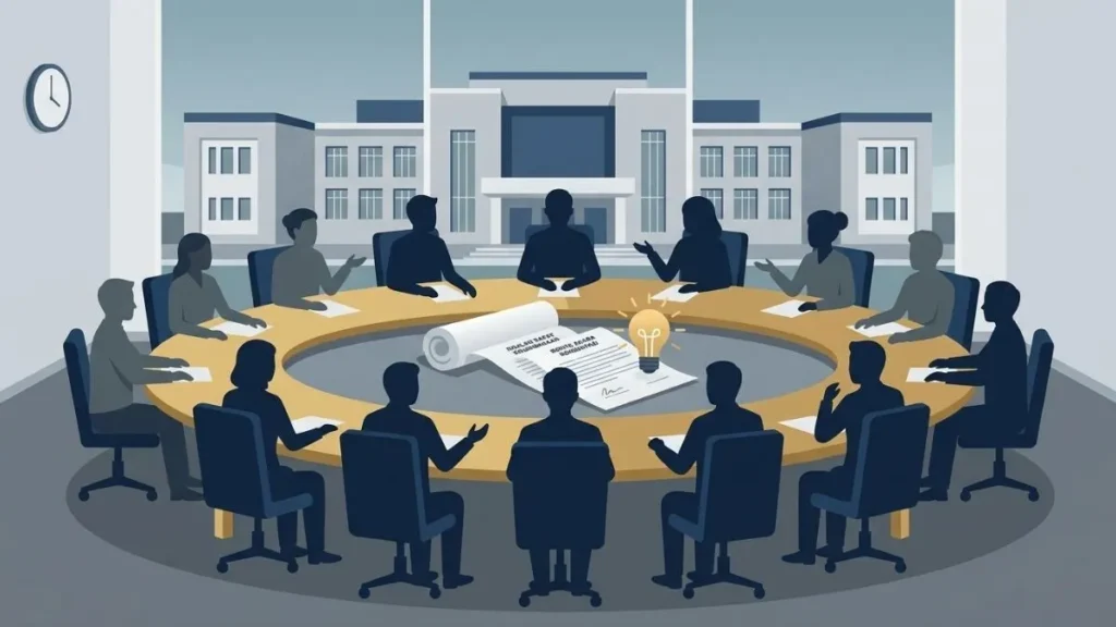 Ilustrasi meja bundar dengan siluet anggota dewan penasihat dan gulungan dokumen