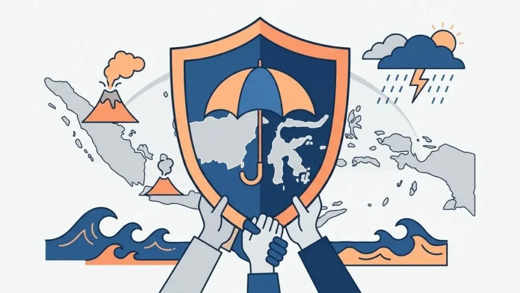 Ilustrasi perisai melindungi peta kepulauan dari banjir dan gunung api